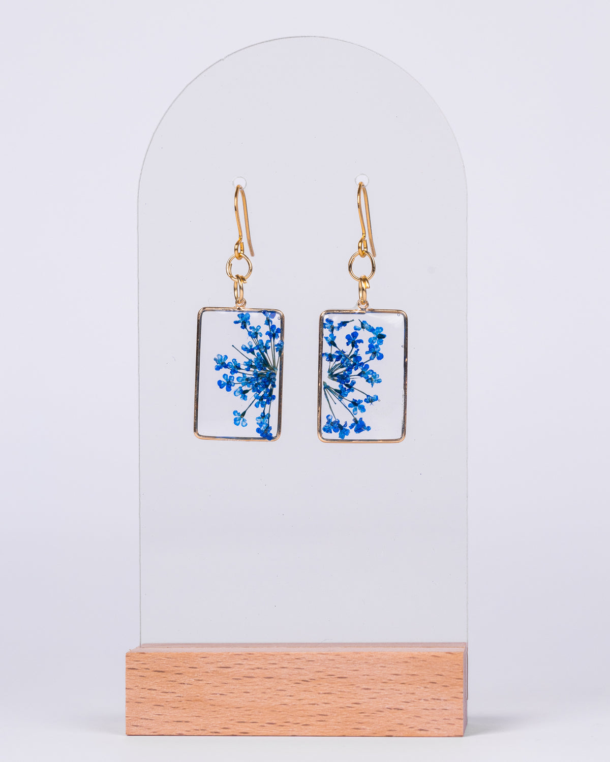 Handmade gold-plated clear square earrings with blue flowers - Earrings - VJ Designs