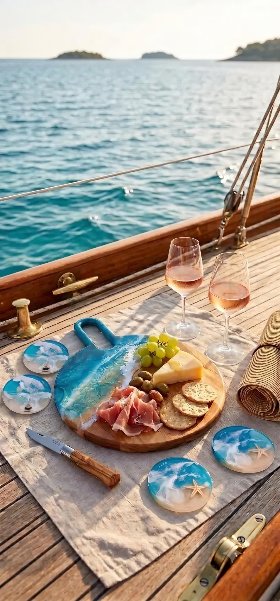 Personalised ocean-themed large round grazing board set with coasters - Grazing board - Vibrant Joy