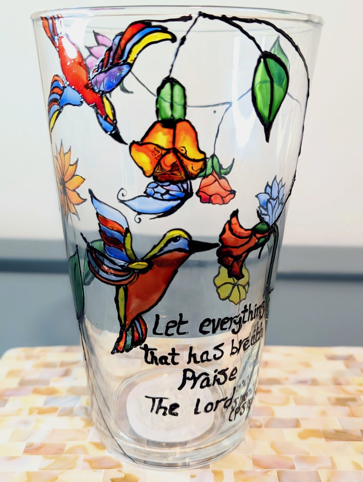 Personalised hand-painted glass vase with colourful parrots, flowers and butterflies. - VJ Designs