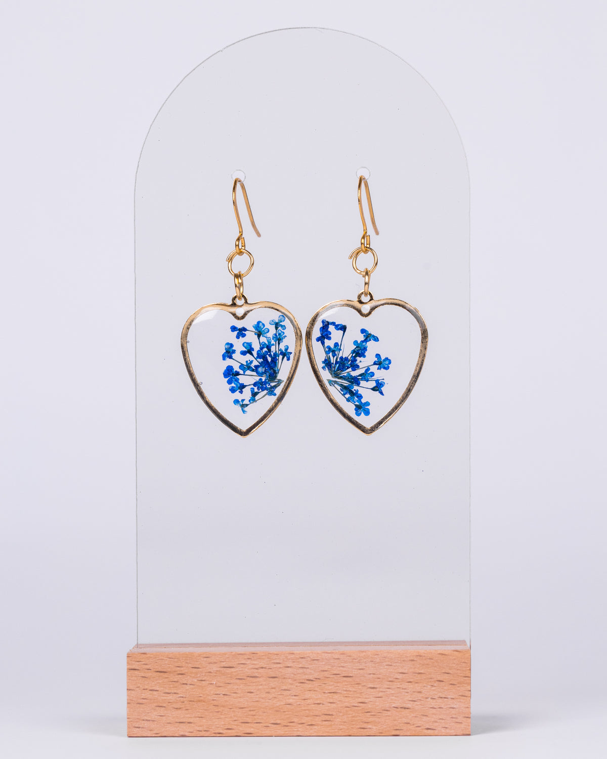 Handmade gold-plated clear heart-shaped earrings with blue flowers - Earrings - VJ Designs