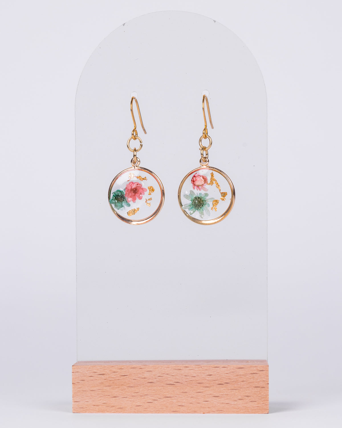 Handmade Gold-Plated Floral Earrings with Pink & Mint Flowers - Earrings - VJ Designs