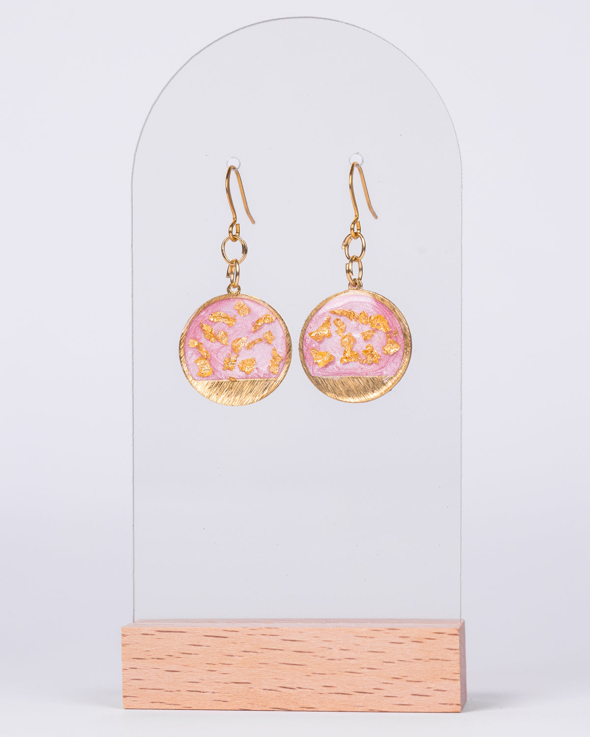 Handmade gold-plated pink round earrings with gold accents - Earrings - VJ Designs