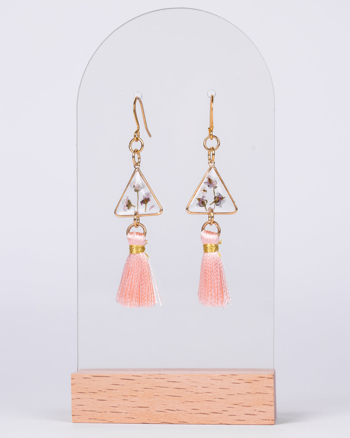Handmade Gold-Plated Triangle Earrings with White Flowers & Pink Tassels - Earrings - VJ Designs